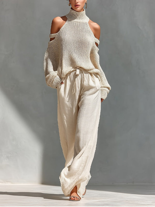 Gebreide damestrui met col en off-shoulder halslijn in beige