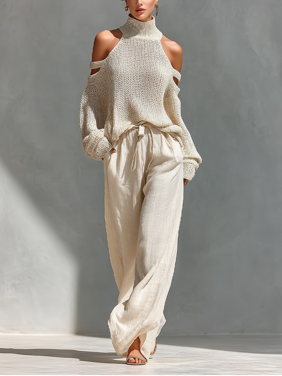 Damen Strickpullover Rollkragen Off-Shoulder Beige