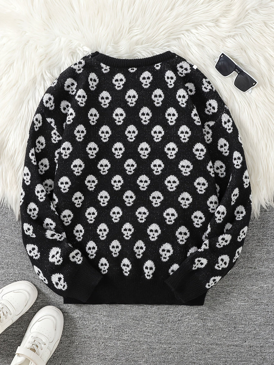 Unisex Strickpullover mit Rundhalsausschnitt und Totenkopfmuster