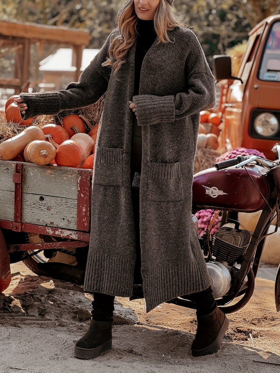 Damen Langer Cardigan Offen Strickjacke Braun Herbst Winter