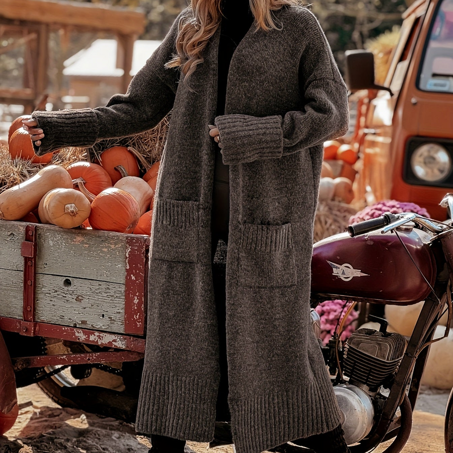 Damen Langer Cardigan Offen Strickjacke Braun Herbst Winter