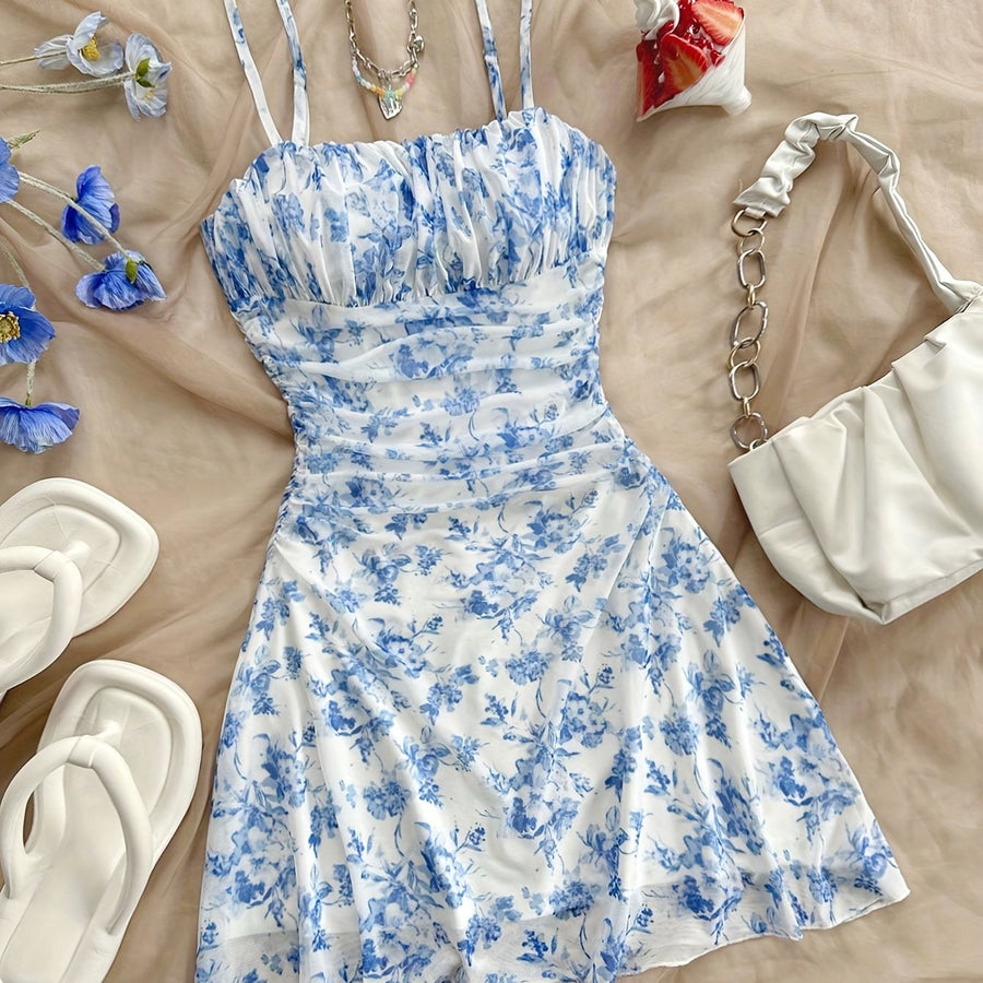 Damen Sommerkleid Elegant mit Spaghettiträgern und Blumenmuster – Perfekt für Alltag und Urlaub
