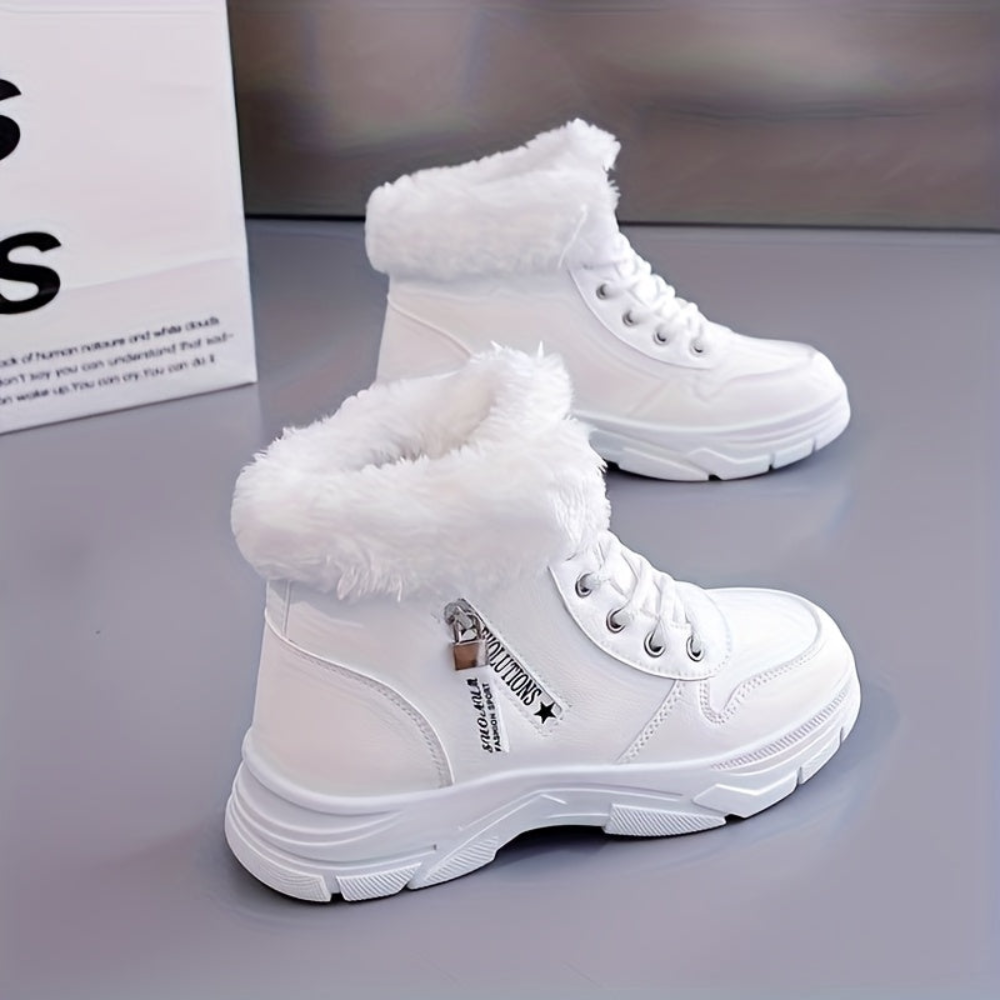 Winterstiefel Damen gefüttert Weiß Khaki Schnürung Profilsohle