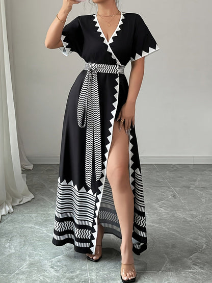 Damen Maxikleid mit grafischem Muster und Taillengürtel – Eleganter Boho-Stil für besondere Anlässe