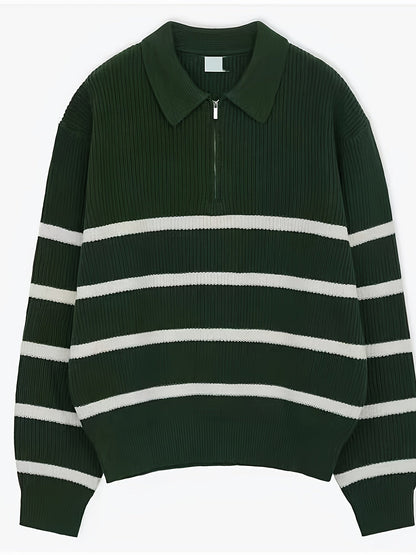 Unisex Langarm-Poloshirt mit Reißverschluss und Streifenmuster