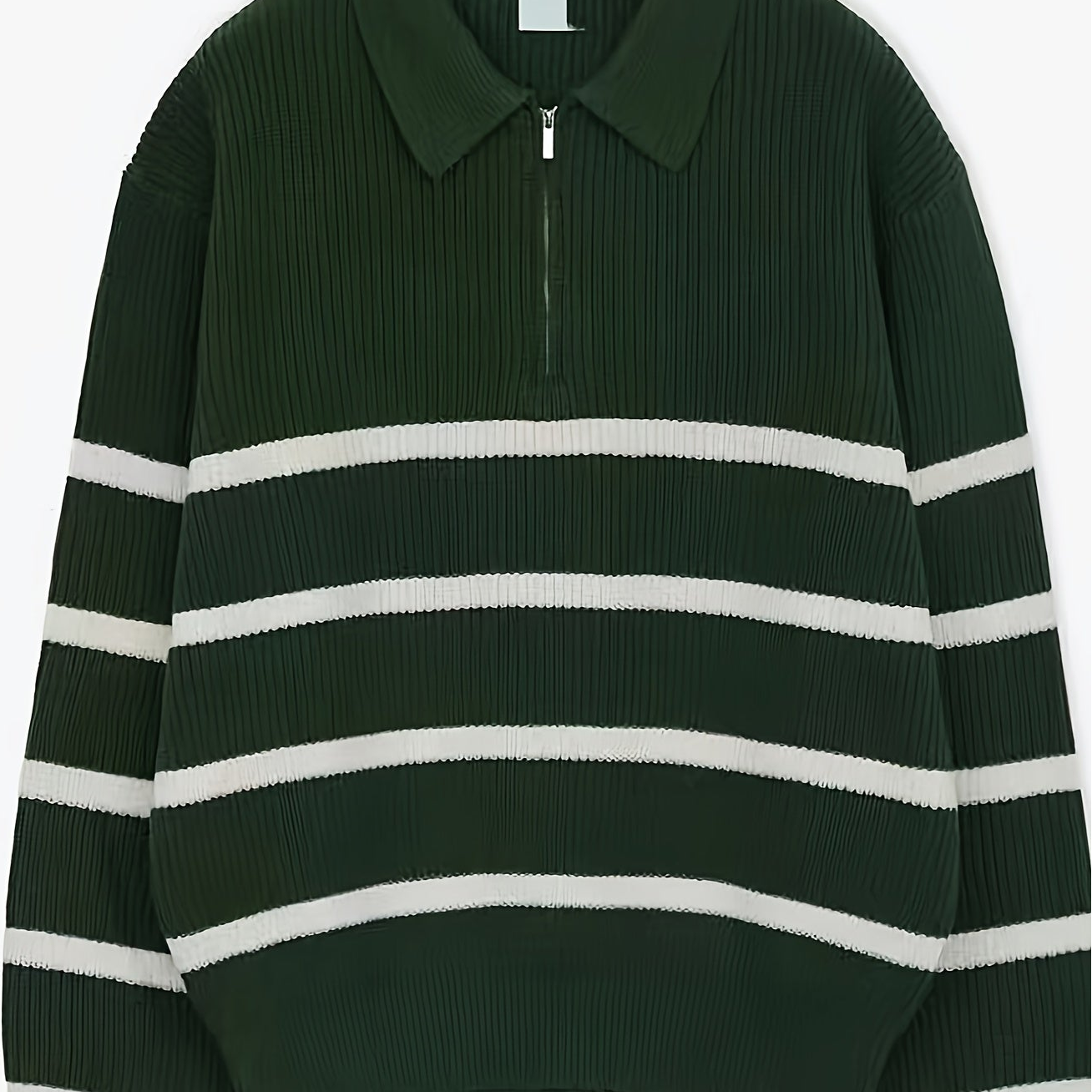 Unisex Langarm-Poloshirt mit Reißverschluss und Streifenmuster