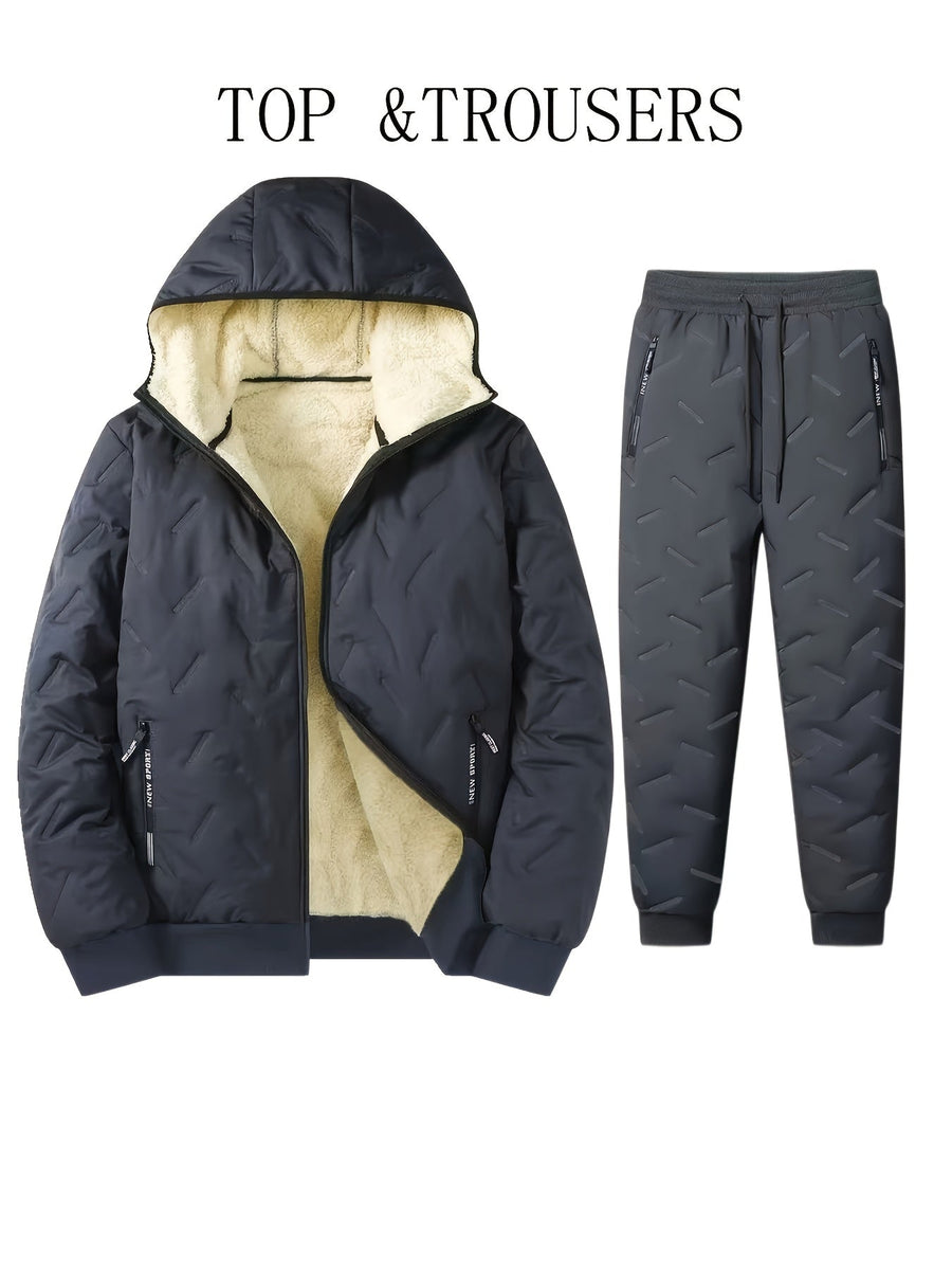 Herren Winter Thermo Anzug Gesteppt Gefütterte Jacke mit Kapuze und Hose