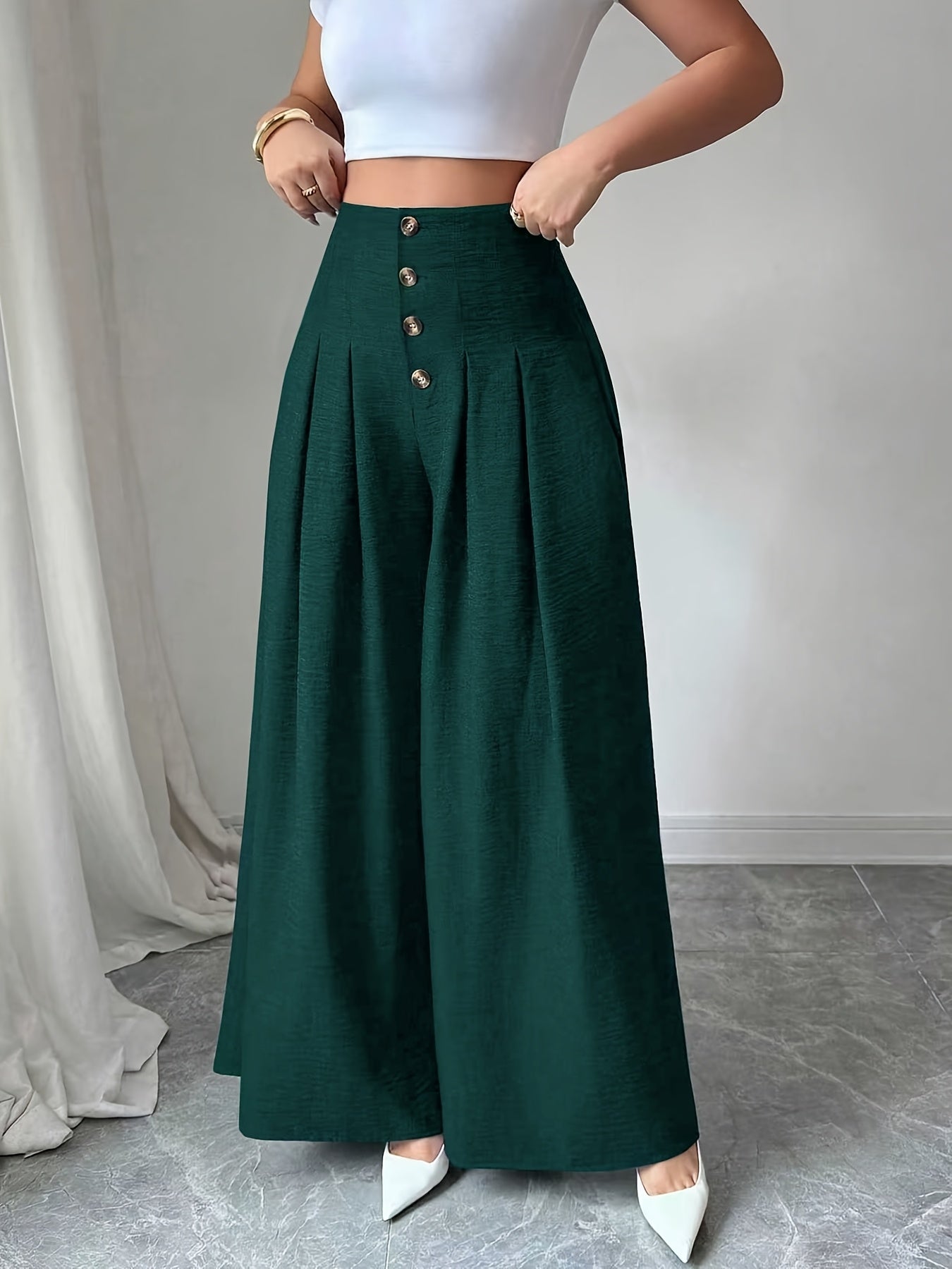 Damen Weite High-Waist-Hose mit Knopfdetails und Eleganten Falten – Modische Business & Freizeit Wide Leg Pants