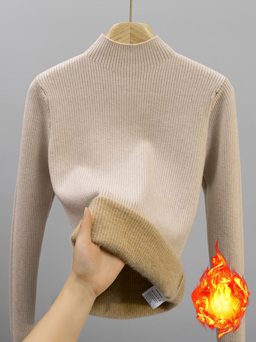 Gerippter Damen Mock-Neck Pullover Langarm Futter Weich Warm