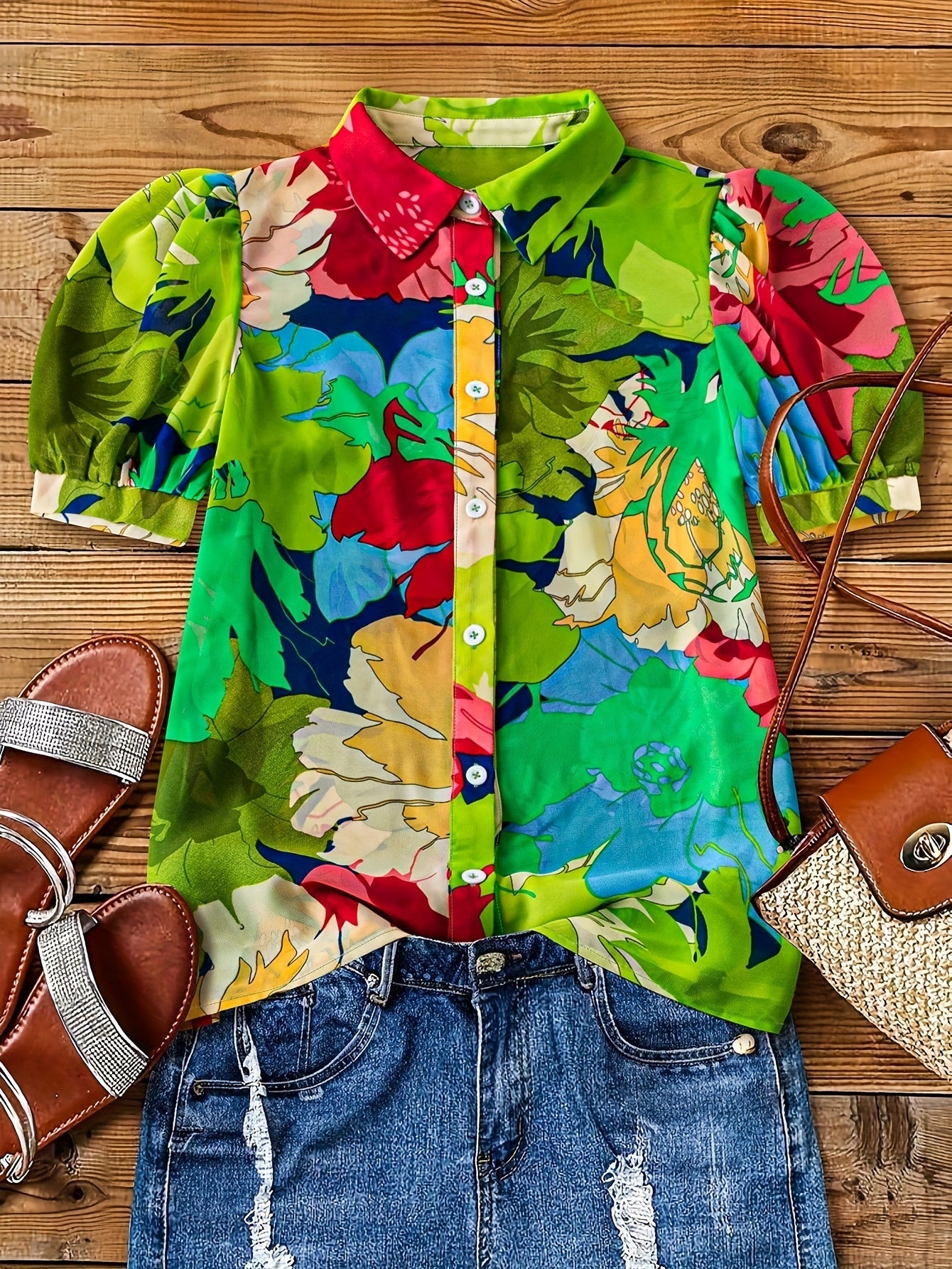 Damen Bluse mit Blumenmuster und Puffärmeln – Modische Hemdbluse für Freizeit und Ausgehen