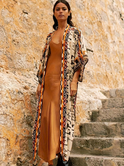 Damen Boho Kimono Lang mit Ethno-Muster – Eleganter Langer Morgenmantel für Strand & Freizeit