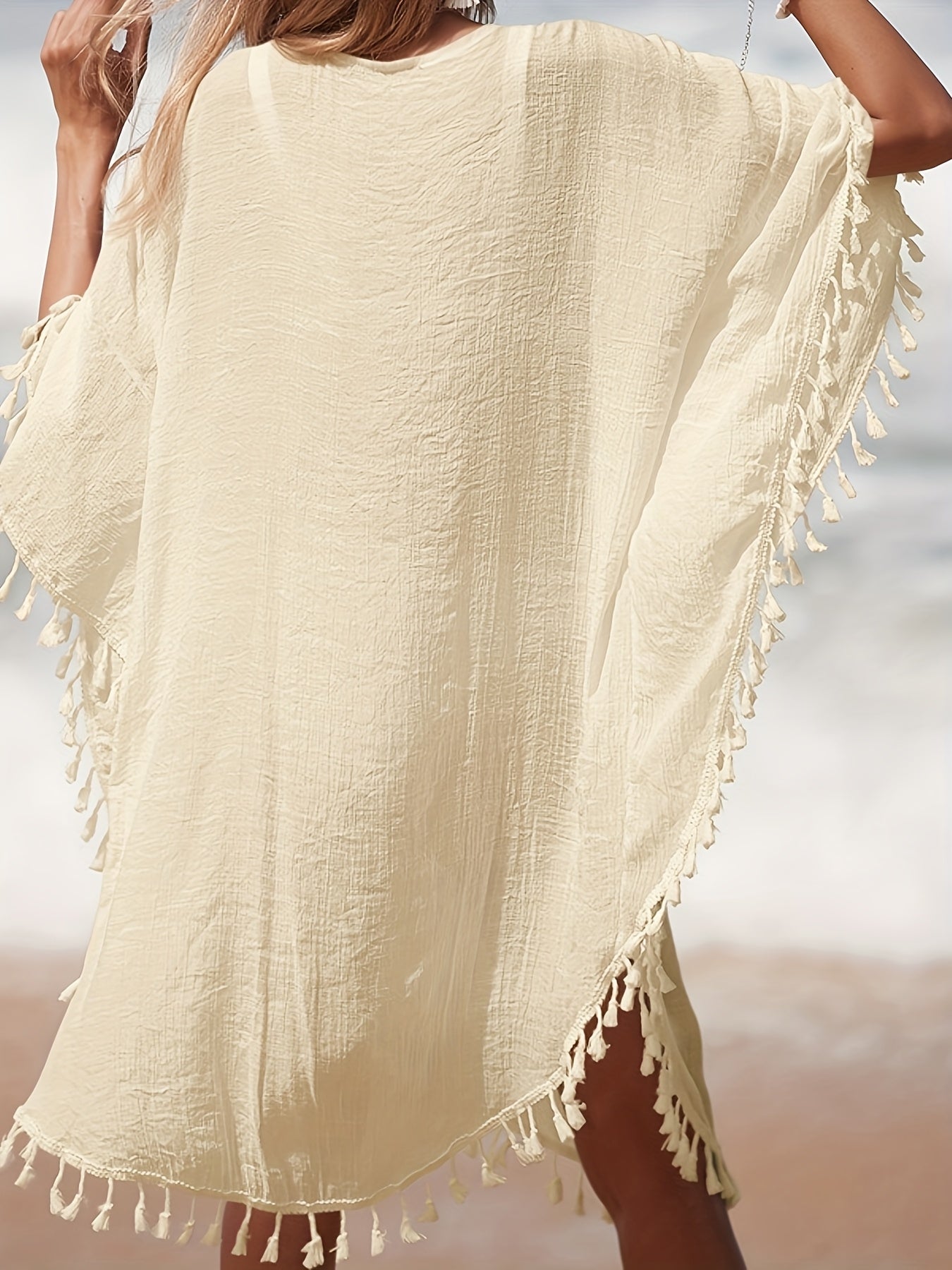Damen Strand Kaftan Poncho mit Häkel-Details und Quasten – Perfekte Strandmode Cover-Up