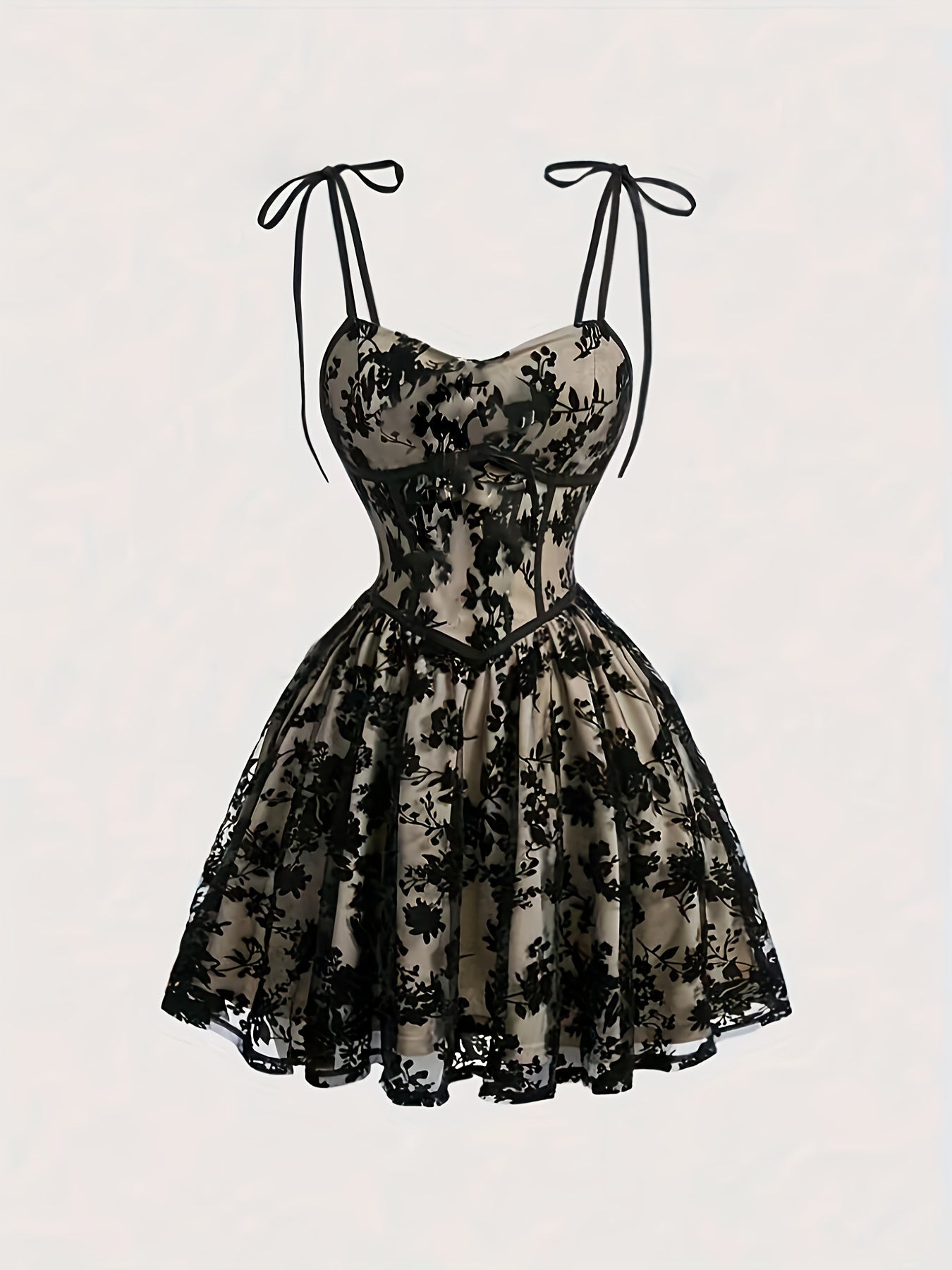 Damen Vintage-Cocktailkleid mit Korsett und floraler Stickerei – Elegantes Partykleid mit Schleifen-Trägern