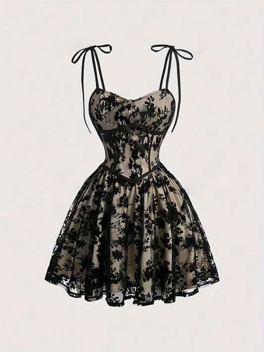 Damen Vintage-Cocktailkleid mit Korsett und floraler Stickerei – Elegantes Partykleid mit Schleifen-Trägern