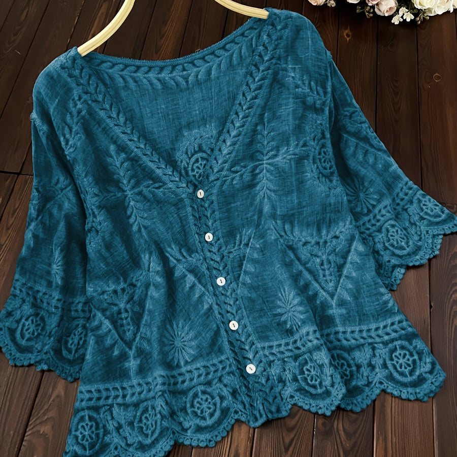 Damen Bluse Stickerei Knopfleiste V-Ausschnitt Tunika Oberteil Langarm Blusen