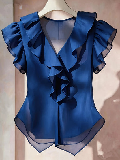 Damen Rüschenbluse mit V-Ausschnitt und Volantärmeln – Eleganter Stil für Büro und besondere Anlässe