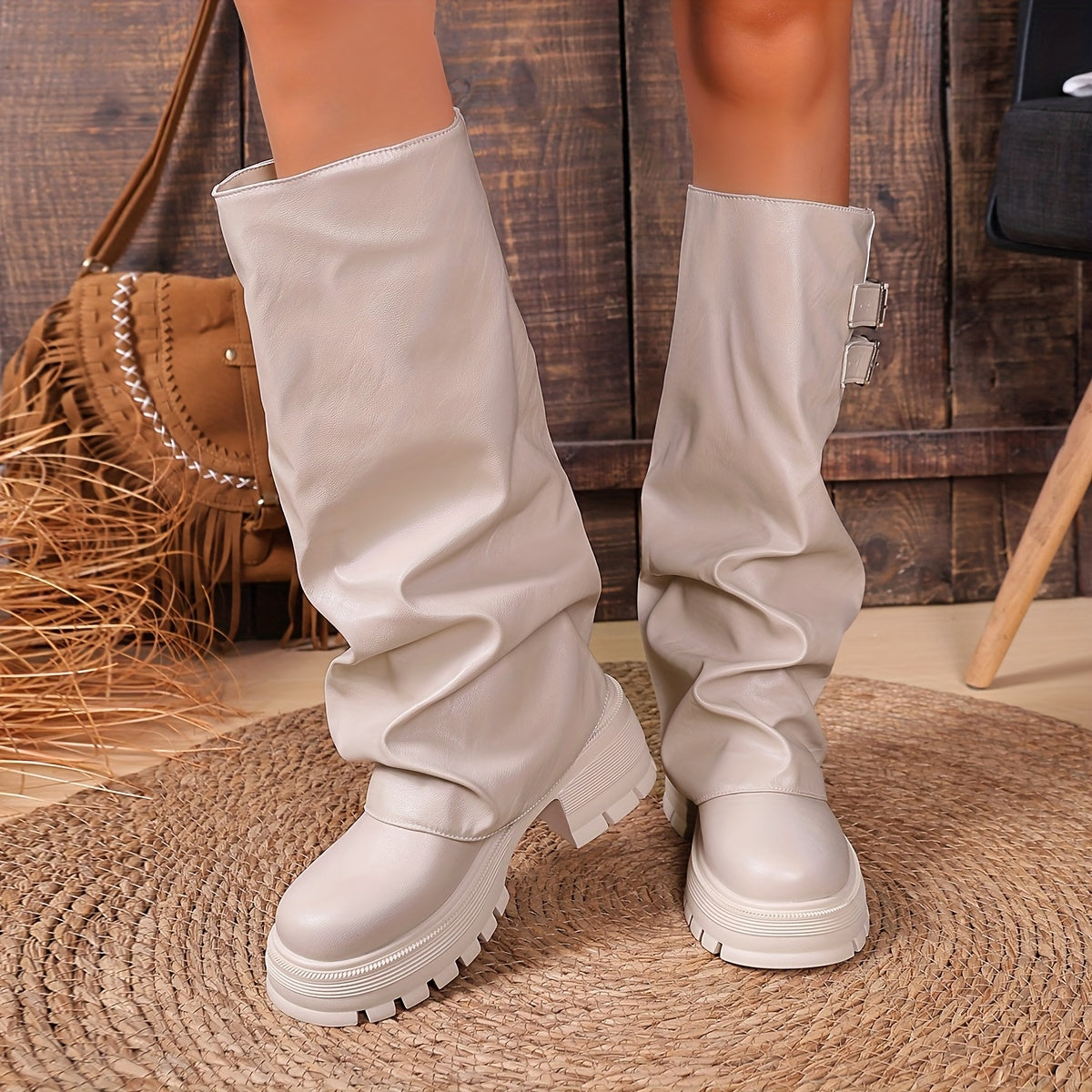 Damen Stiefel mit Reißverschluss & Schnallen, Chunky Sohle, Knielang, Schwarz & Beige