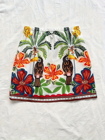 Damen Mini Wickelrock mit tropischem Print und Schleife – Urlaub Strandmode