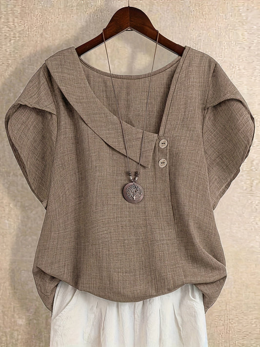 Damen Asymmetrische Tunika Bluse mit Knopfdetail und weitem Schnitt – Stilvolles Freizeit- und Büro-Outfit