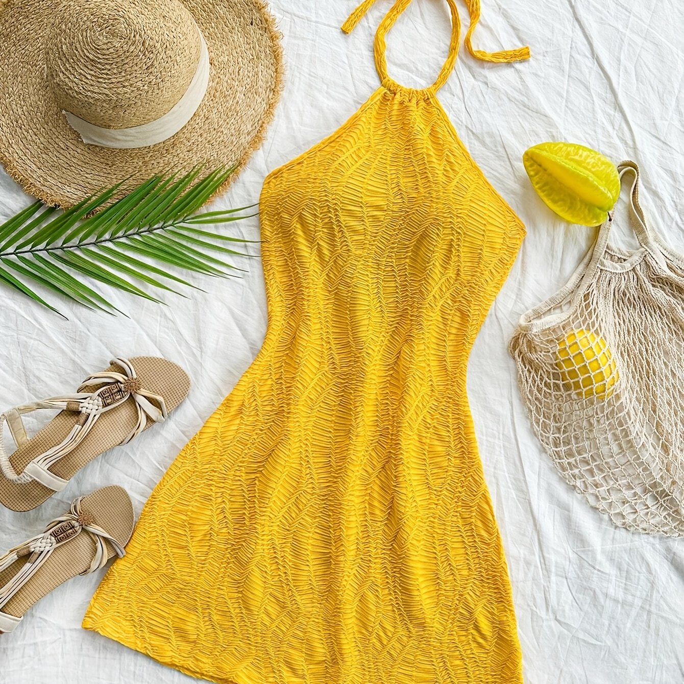 Damen Halterneck Minikleid mit Struktur für Urlaub und Strand