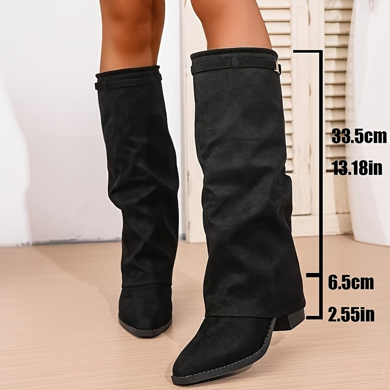 Damen Kniehohe Stiefel Braun mit Schnalle und Blockabsatz