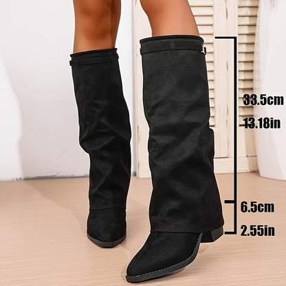 Damen Kniehohe Stiefel Braun mit Schnalle und Blockabsatz