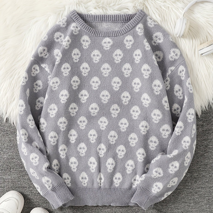 Unisex Strickpullover mit Rundhalsausschnitt und Totenkopfmuster