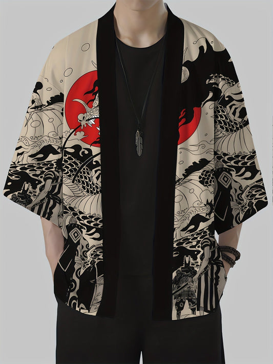 Herren Kimono Cardigan mit Drachen- und Samurai-Motiv – Japanischer Streetwear-Stil
