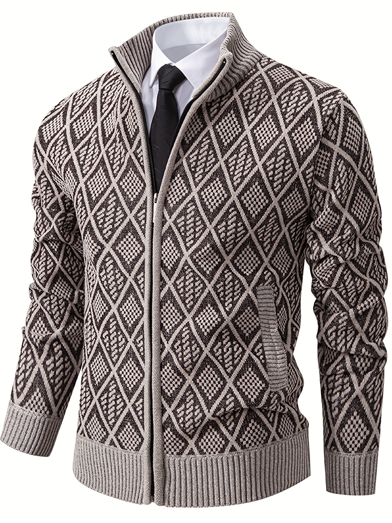 Herren Strickjacke mit Stehkragen, Reißverschluss und Rautenmuster