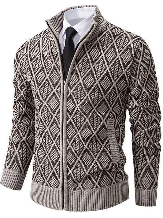 Herren Strickjacke mit Stehkragen, Reißverschluss und Rautenmuster
