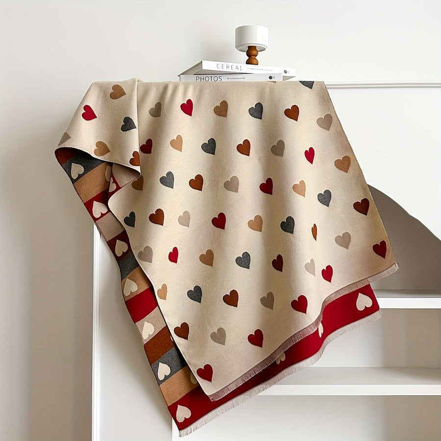 Weicher Schal mit Herzchenmuster – Warmer Winterschal mit Fransenenden