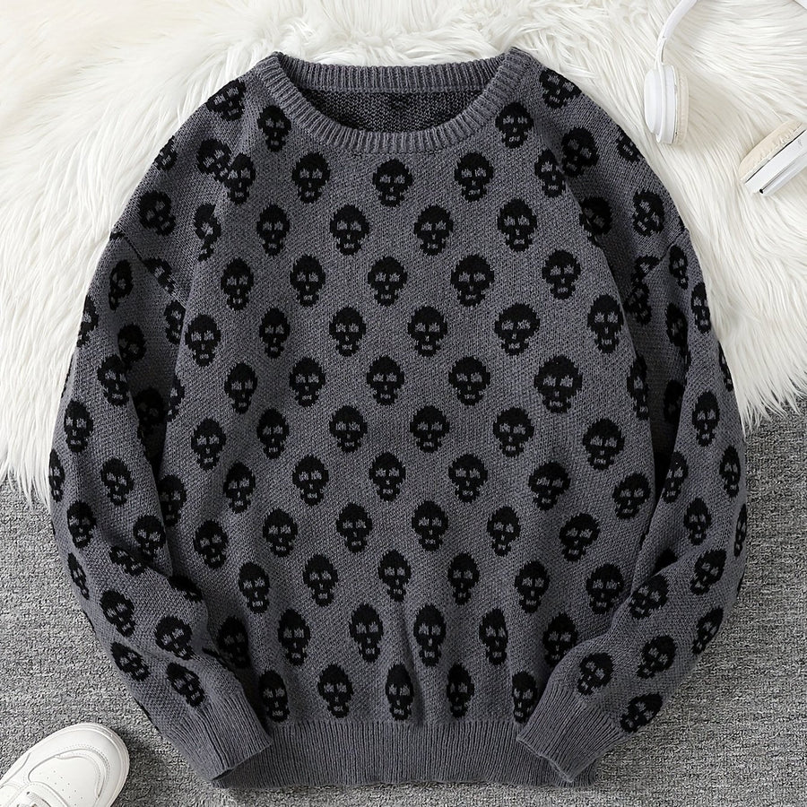 Unisex Strickpullover mit Rundhalsausschnitt und Totenkopfmuster