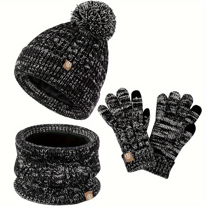 Unisex Strick Mütze mit Bommel, Schal und Handschuhe Set, Winter Warm