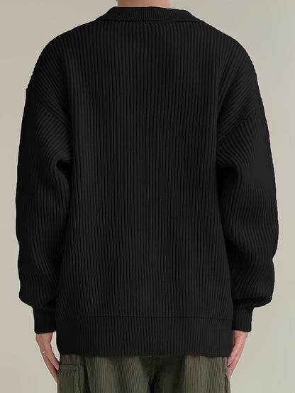 Gerippte Strickjacke für Herren mit Knopfleiste, Polo-Kragen, Langarm