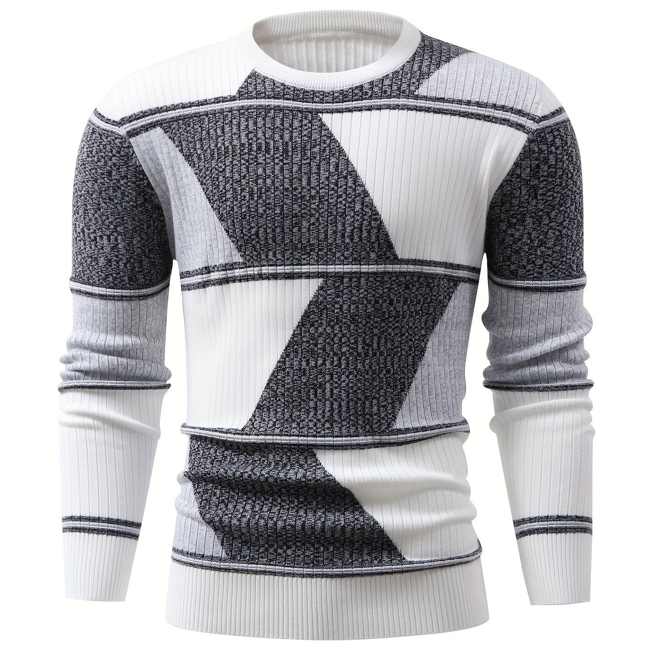 Herren Rippstrick Pullover Rundhals Langarm Modernes Design Weiß Schwarz