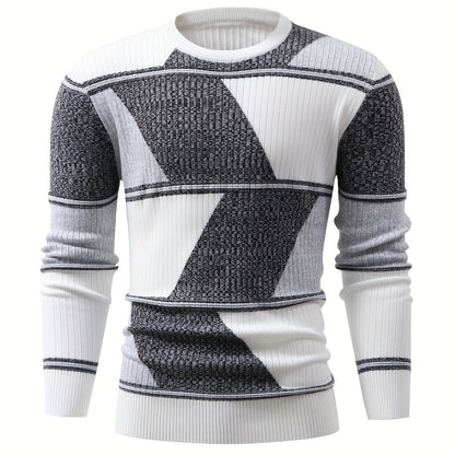 Herren Rippstrick Pullover Rundhals Langarm Modernes Design Weiß Schwarz