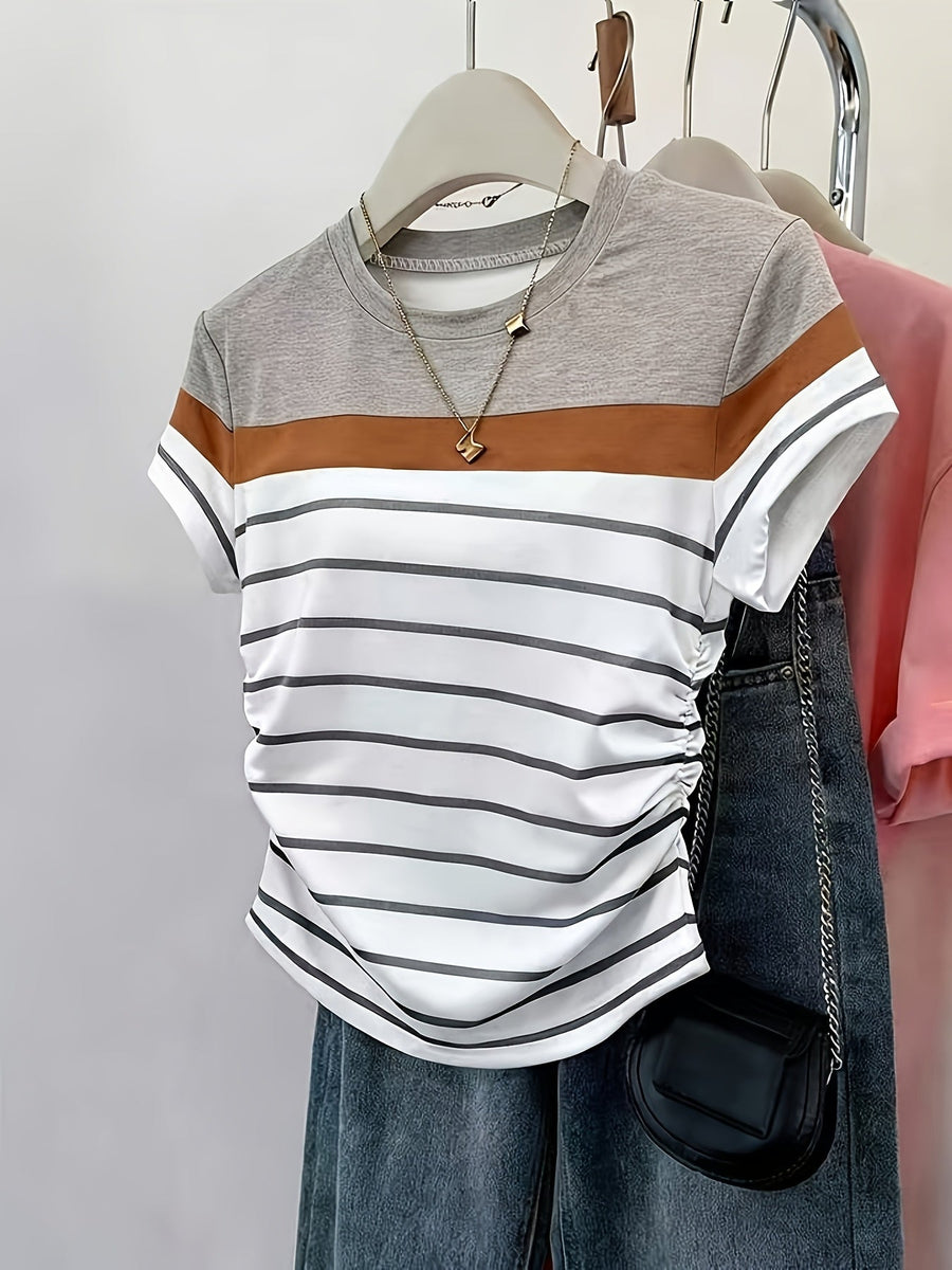 Damen T-Shirt im Streifen-Design mit modischen Raffungen – Perfekt für Freizeit und Alltag
