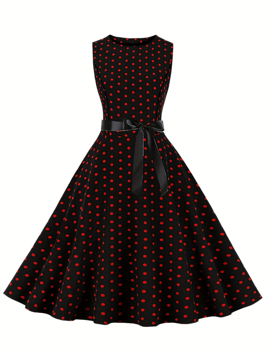 Damen Vintage Rockabilly Polka Dots Kleid mit Schleifen-Gürtel, Elegant, Ärmelos, Festlich & Alltag