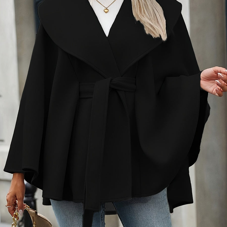 Damen Cape Mantel mit Bindegürtel, Wickelkragen und weitem Schnitt