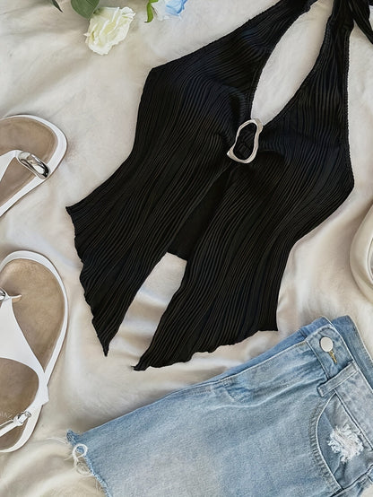 Damen Halterneck Top mit Plissee und Schlüsselloch-Detail – Modisches Ausgeh- und Party-Oberteil