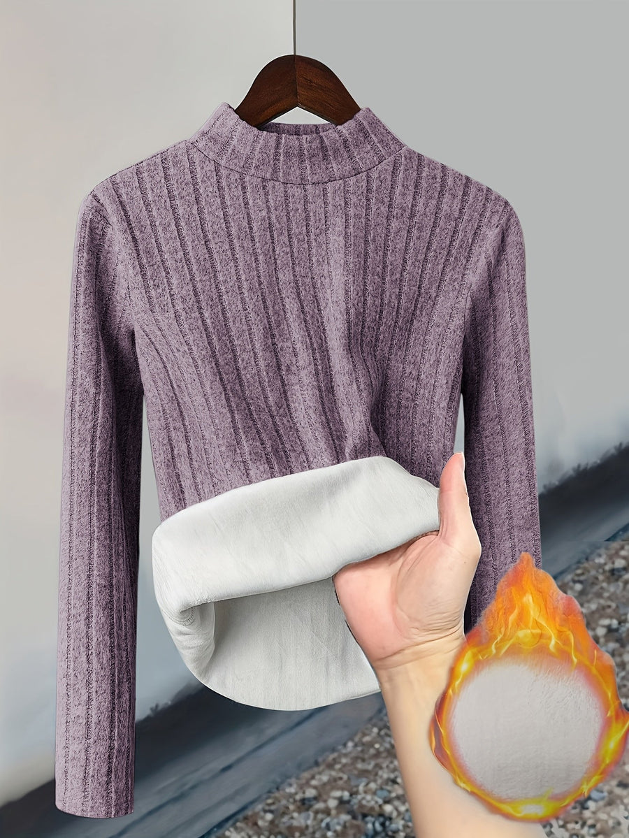 Gerippter Damen Pullover mit hohem Kragen und warmem Fleecefutter, Langarm, Slim Fit