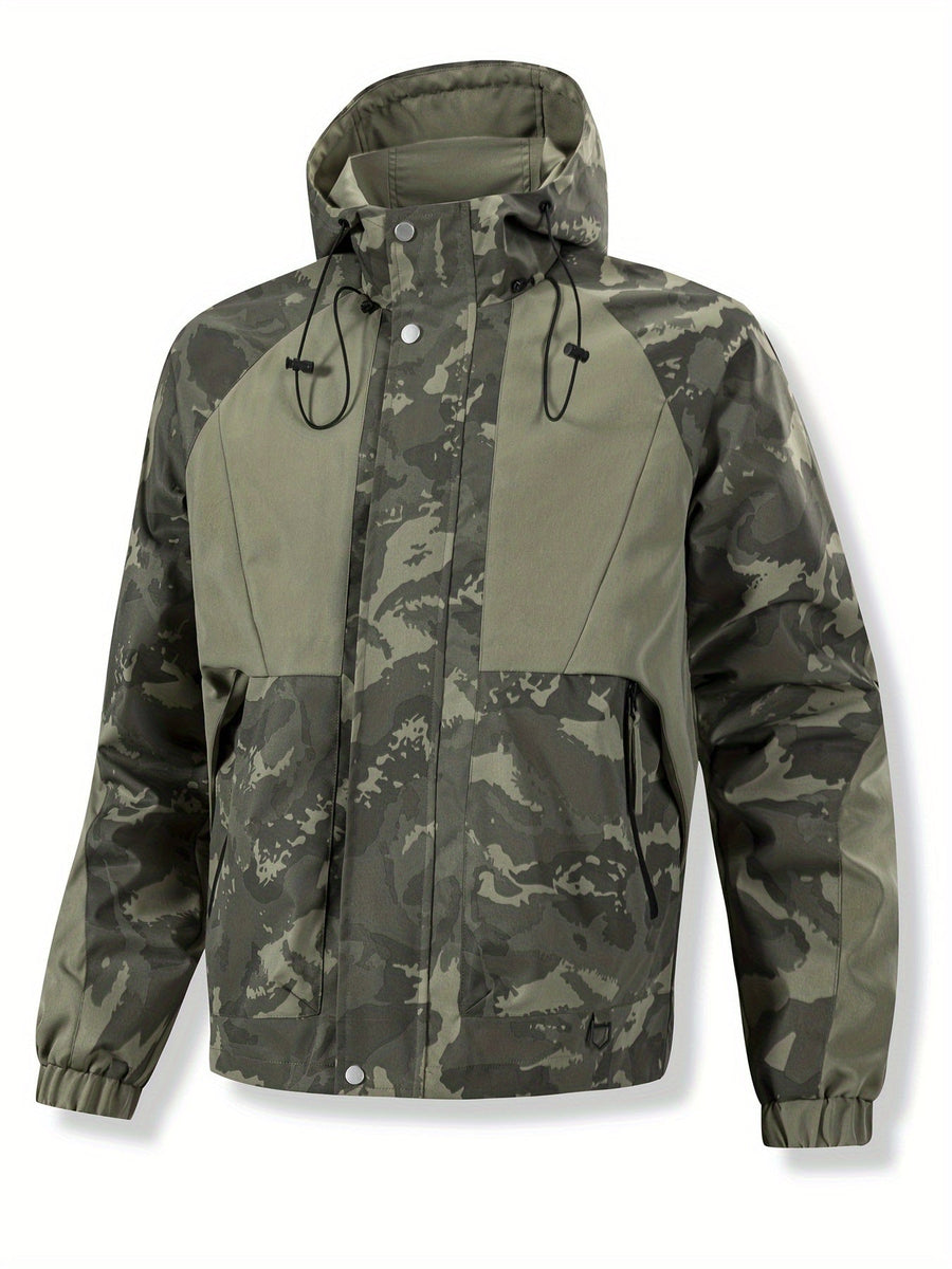 Herren Jacke Camouflage mit Kapuze und Reißverschluss, Olivgrün/Dunkelgrün