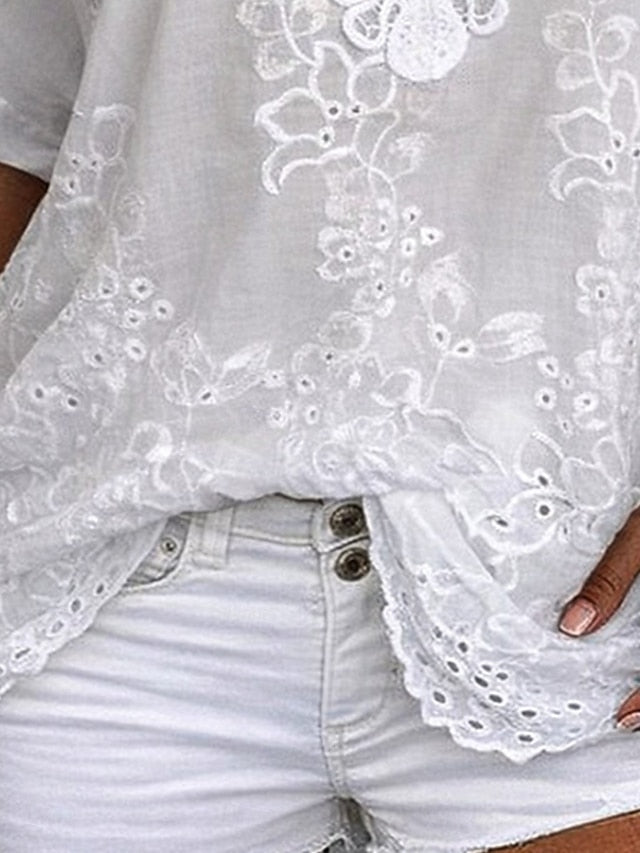 Damen Kurzarm Bluse mit Spitze & Stickerei V-Ausschnitt