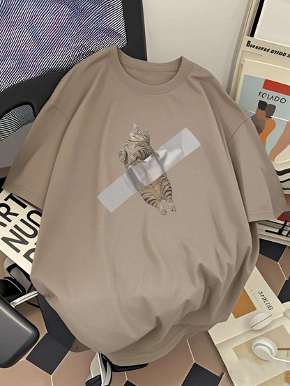 Herren T-Shirt mit lustigem Katzen-Print und Tape-Motiv – Lockeres Streetwear für Alltag & Freizeit