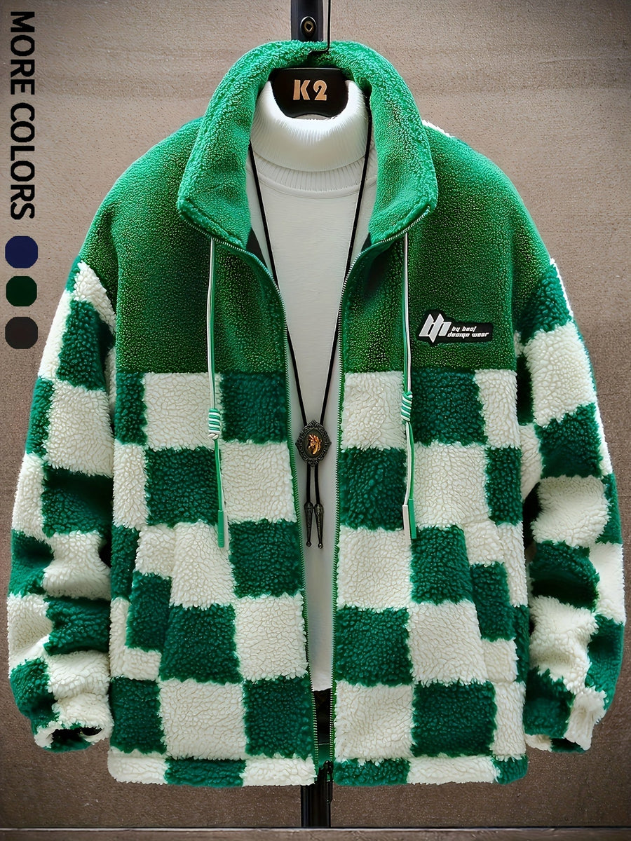Teddyfleece Jacke Herren Kariert Blau Weiß Stehkragen Reißverschluss