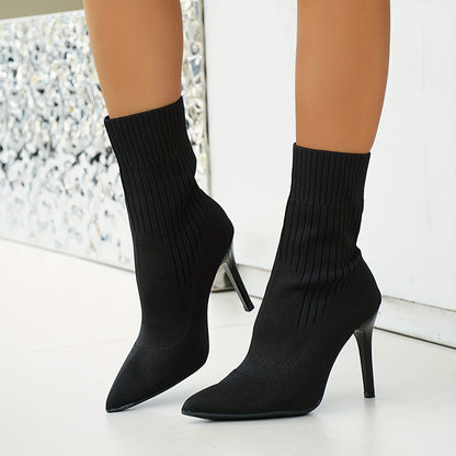 Damen Strick Stiefel Braun Stiletto Absatz Spitz Zeh