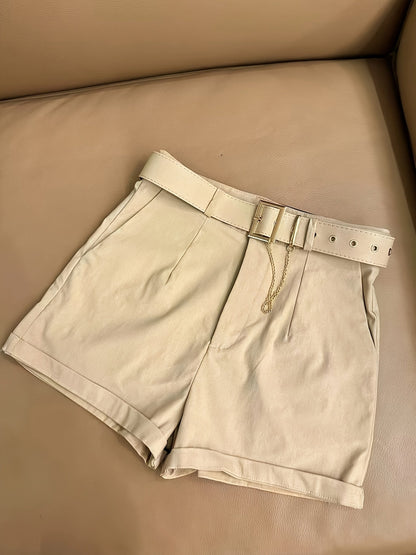 Damen Zweiteiler Set – Stilvolles T-Shirt und Shorts mit Gürtel, Casual Chic Outfit