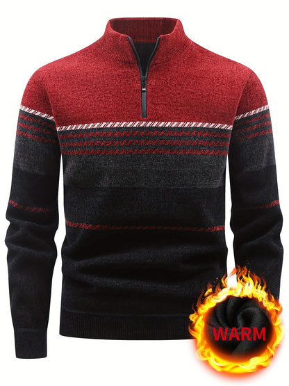 Herren Winter Pullover Half-Zip Stehkragen Gestreift Warm gefüttert
