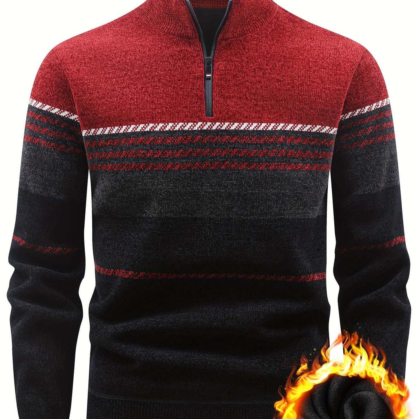 Herren Winter Pullover Half-Zip Stehkragen Gestreift Warm gefüttert
