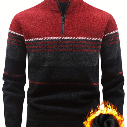 Herren Winter Pullover Half-Zip Stehkragen Gestreift Warm gefüttert